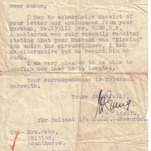 Ernest Webb (MIA Letter)