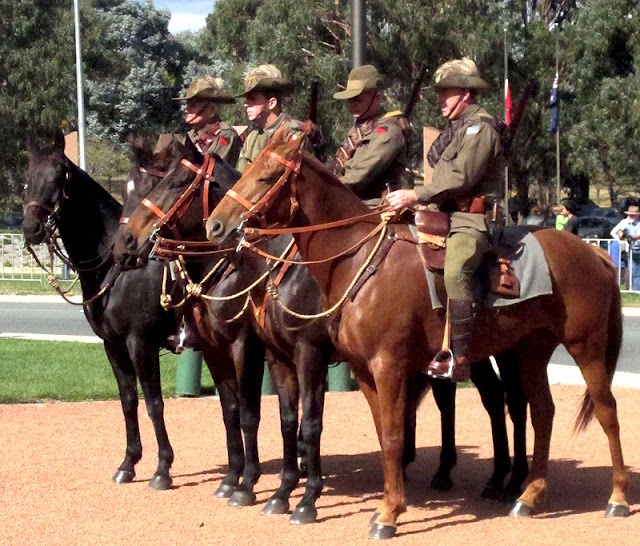 2011 ANZAC Day ceremony at the Australian War Memorial. The mounted soldiers are wearing what ...jpg