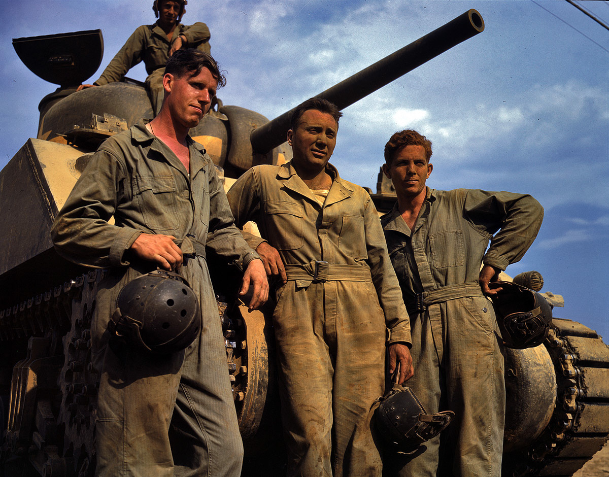 American tank operators pose by their M4 Sherman tank during maneuvers at FortKnox, 1942.jpg