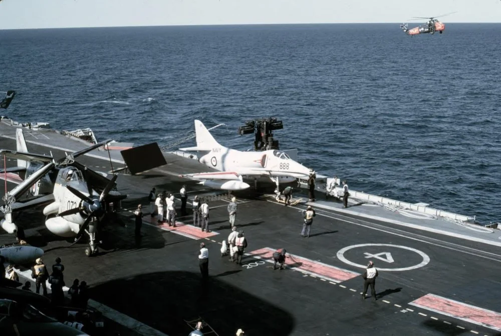 Australian Navy A-4G (888) on HMS Eagle during cross-deck (1971).jpg