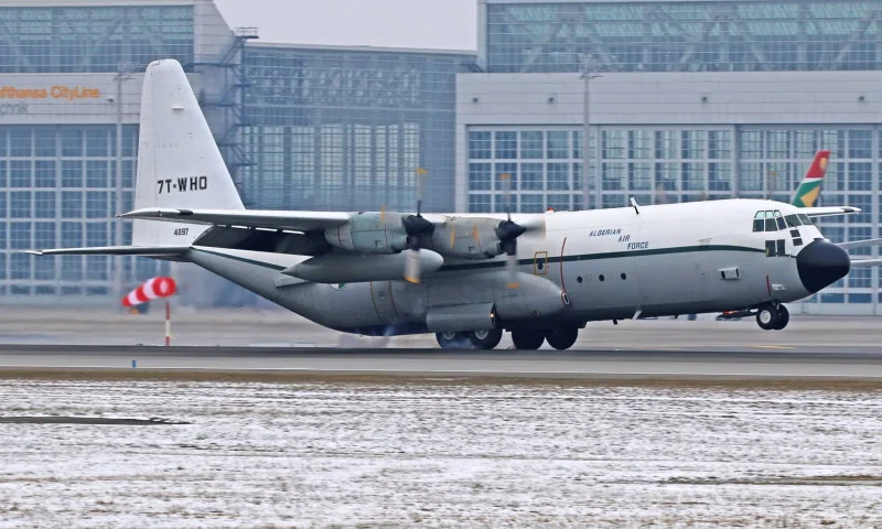 C-130H-30 Hercules 7T-WHO arriving on runway 08R. 1-3-2018 munich.webp