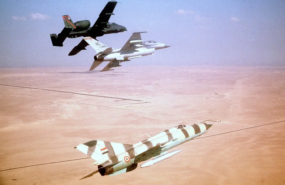 Egyptian MiG-21PFM, USAF F-16 & A-10A inflight (1 December 1981).webp