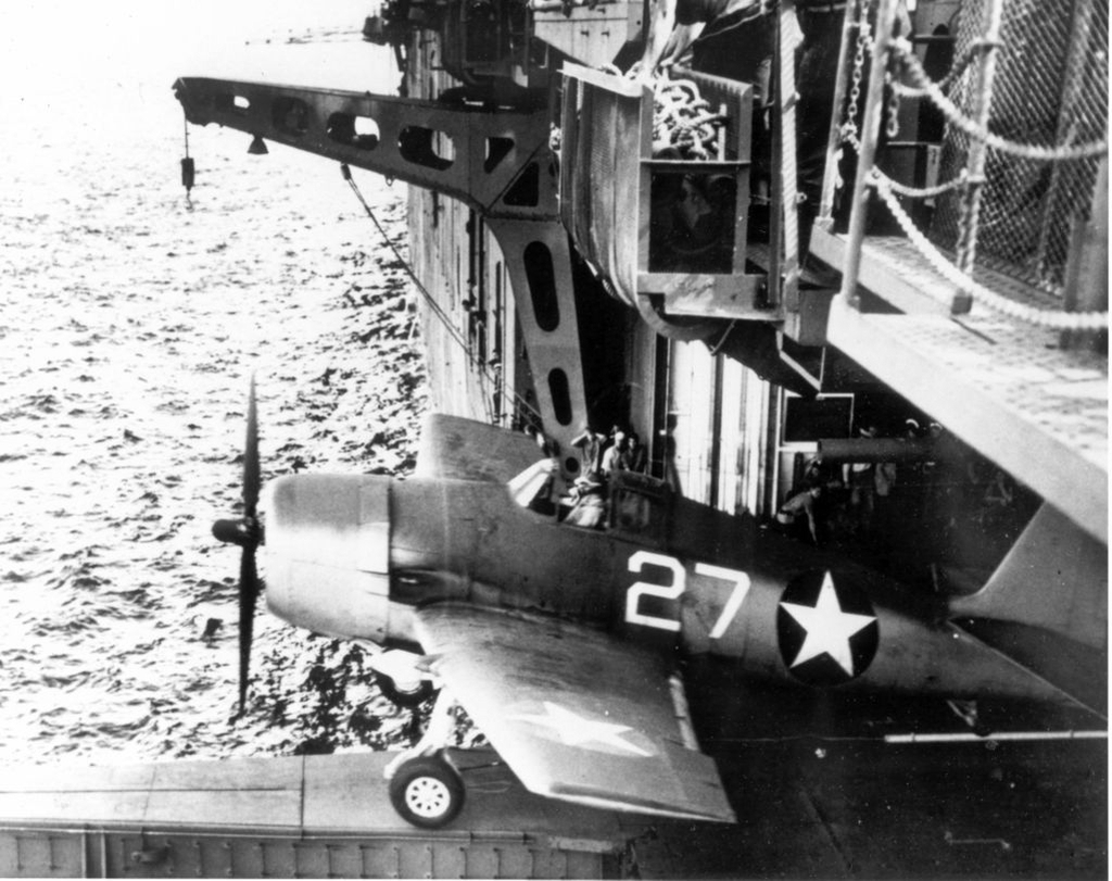 ESSEX CV-9 014 MP hangar deck cat launch a F6F-3 1943 exiting actually not Essex.jpg