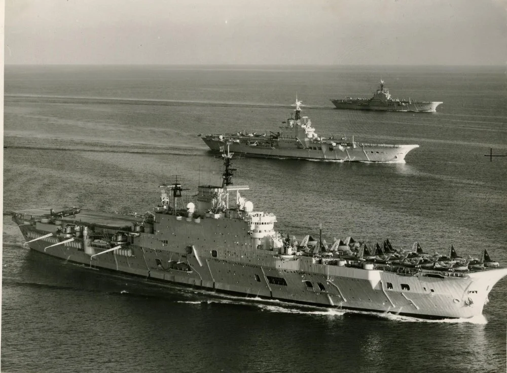 HMS Eagle, Bulwark & Albion underway (1956).webp