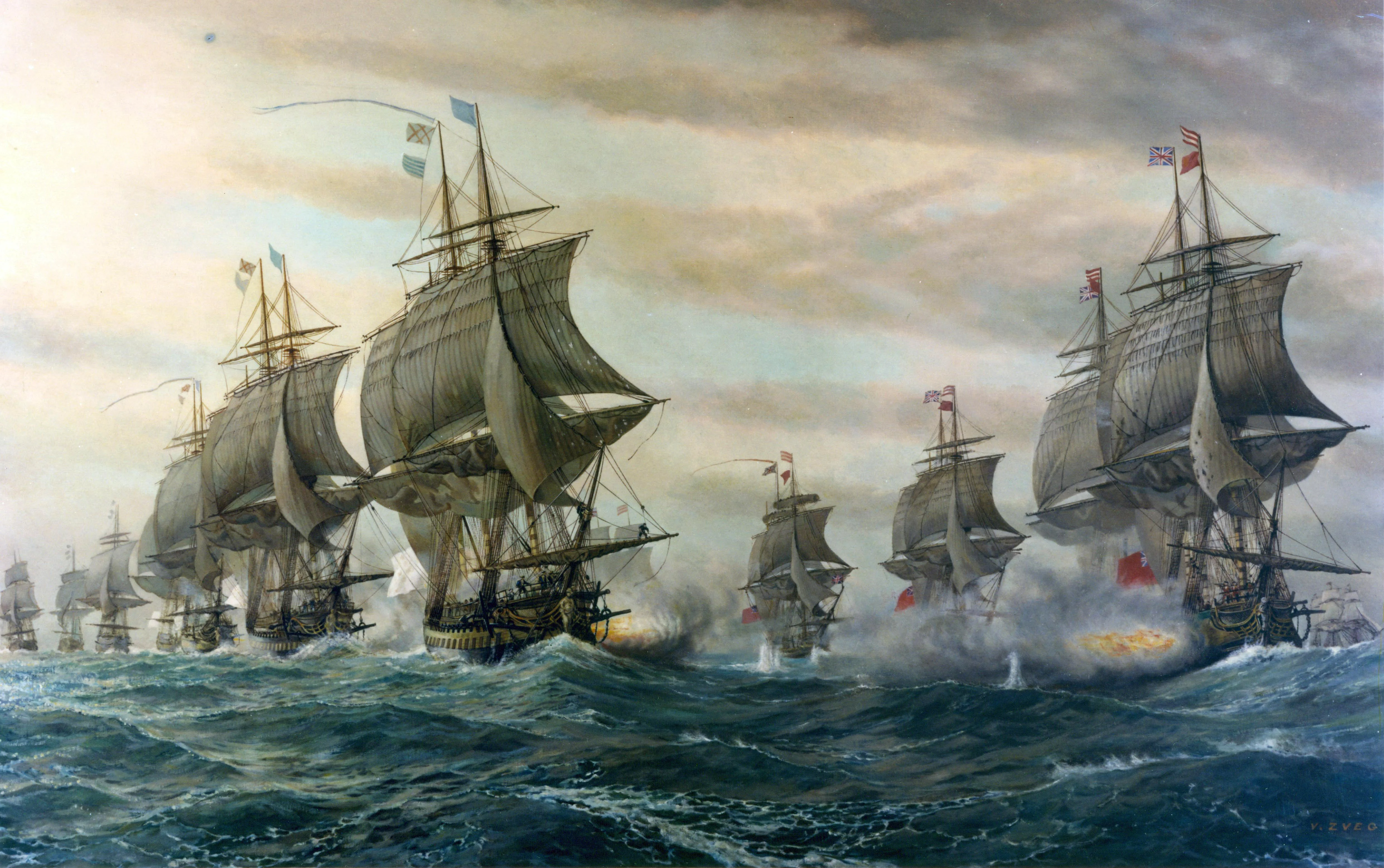 Naval Battle between French and British at Chesapeake Bay. American Revolution. by V. Zveg.webp