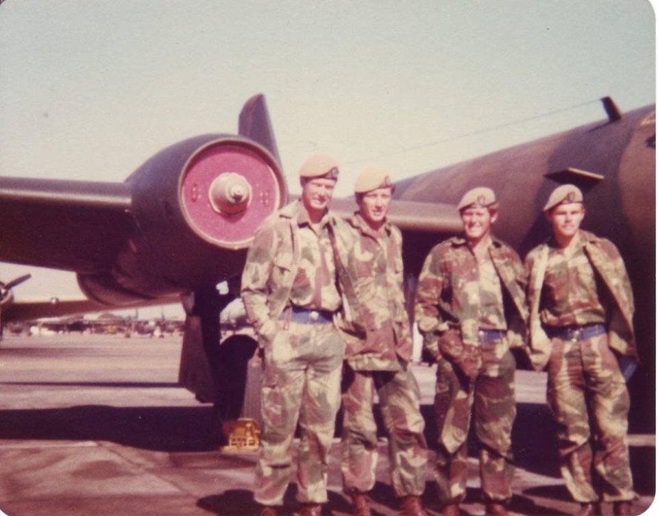 Rhodesian Canberra B.2 at New Sarum RhAFB with 1 RSASR soldiers.jpg