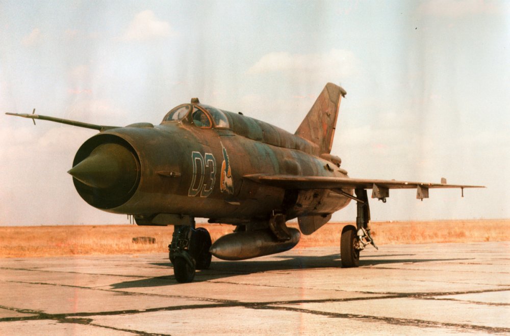 Soviet MiG-21bis (03 blue) of 929 GLIT at Vladimirovka (1975-6).JPG