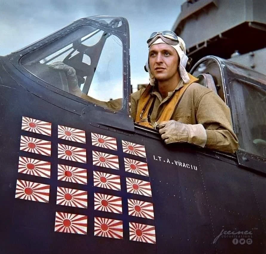 US Ace Alexander Vraciu (19 kills) sits in his Hellcat on USS Lexington.webp