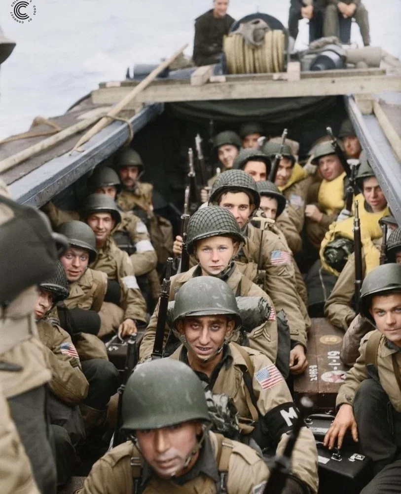 US American troops on board a landing craft heading for the beaches at Oran in Algeria during...webp