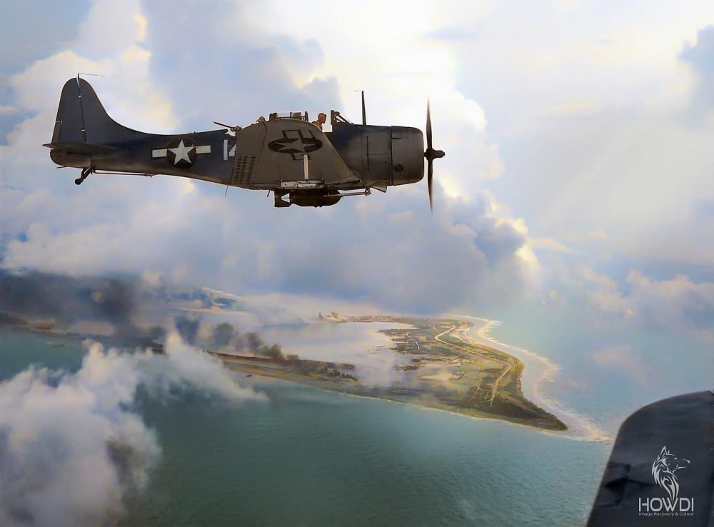 US Douglas SBD Dive bomber over Wake Island 1943.jpg