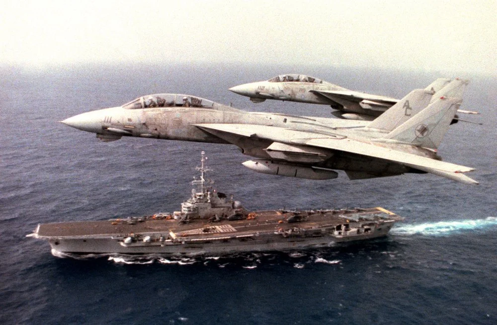 US Navy F-14A of VF-14 over Foch during ex in Carribean sea with JFK (1 May 1990).jpg