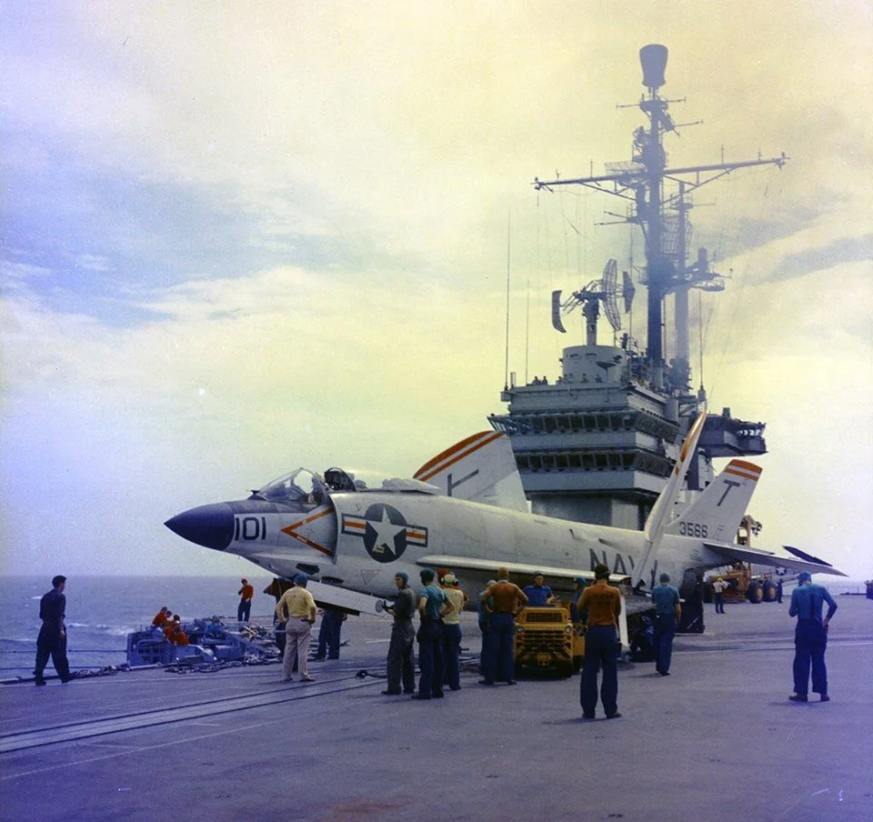 US Navy F3H-2 of VF-14 preps for launch (September 1956).webp