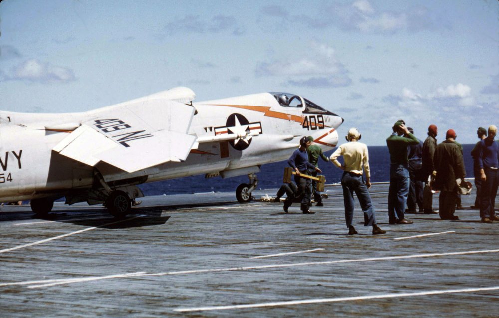 US Navy F8U-1 (409 NL) of VF-154 on USS Hornet WesPac cruise (1958).jpg