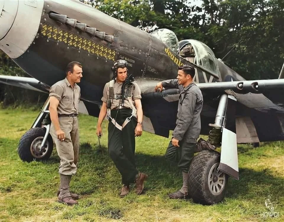 USAAF Capt. McAllister with his Mustang F-6A (recon P-51A) at Lemolay airdrome, France. Augus...webp