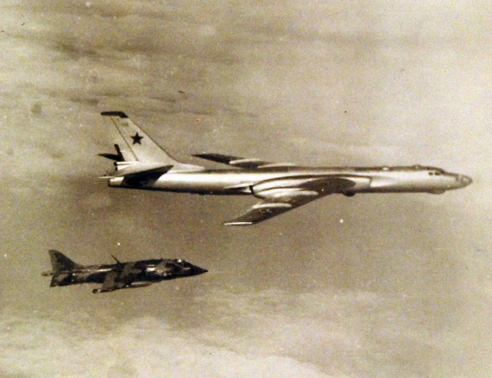 USMC AV-8A from USS Guam & Soviet Tu-16 over Atl. (February 1973).webp