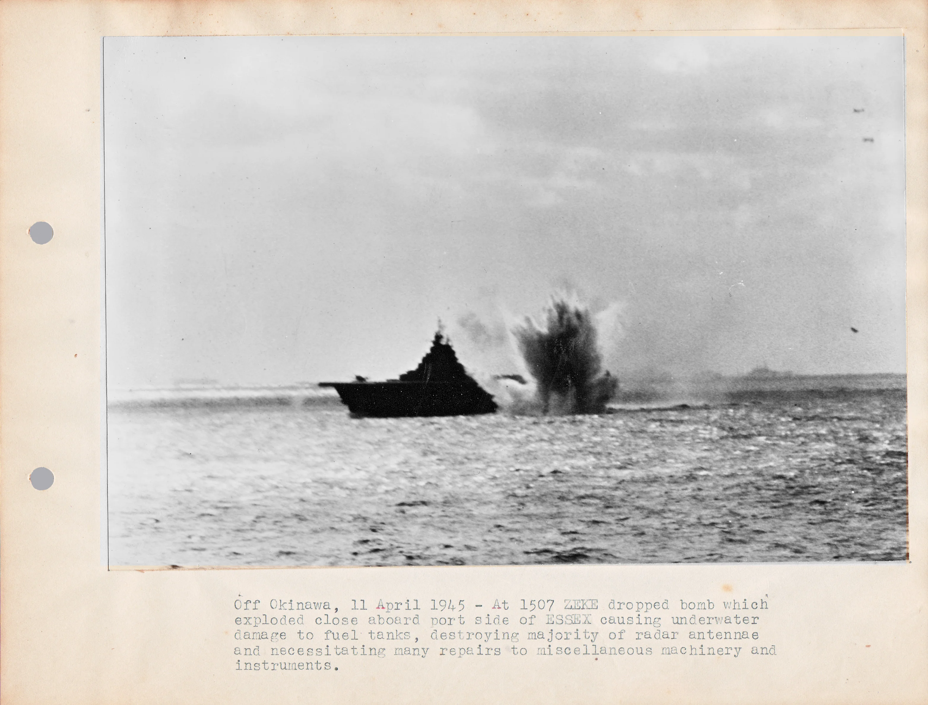 View of a close miss on Essex during an enemy air attack off Okinawa 4-11-1945.jpg