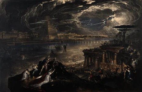 The fall of Babylon; Cyrus the Great defeating the Chaldean army. Mezzotint by John Martin, 1...webp