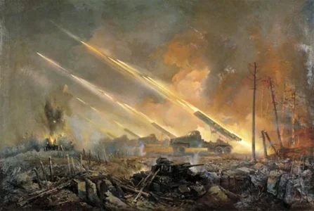 An artistic rendition of Katyusha launchers firing during the battle of Stalingrad..webp