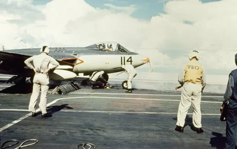 Netherland Navy Sea Hawk FGA.50 (114) on Hr.Ms. Karel Doorman (1957-63).jpg