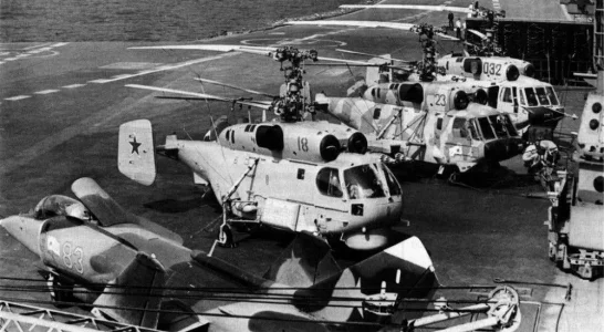 Soviet Navy Yak-38M (83 yellow) & Kamov on Tbilissi deck.webp