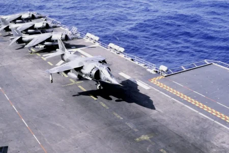 Marines AV-8A of VMA-231 & VMA-542 on USS Nassau (1 April 1982) (2).webp