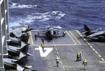 Marines AV-8A of VMA-231 & VMA-542 on USS Nassau (1 April 1982).webp