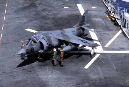 Marines AV-8A of VMA-231 ''Ace of Spades'' on USS Nassau (1 April 1982).webp