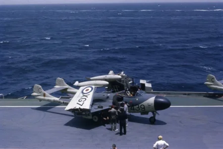 Royal Navy Sea Venom probably on HMS Centaur in the Gulf of Aden (1959).webp