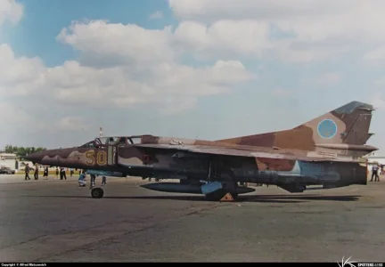 Ukrainian MiG-23UB (50 yellow) at Danylo Halytskyi - Lviv (August 1999).webp