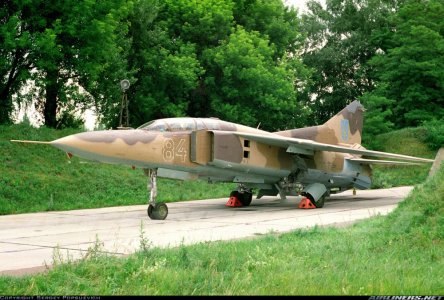 Ukrainian MiG-23UB (84 white) at Ozernoe - Zhitomyr (30 June 1993).jpg