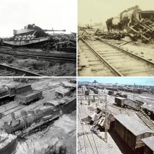 Destroyed military trains