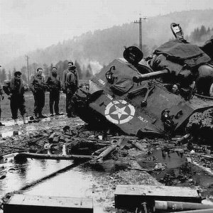 Sherman tank tipped over