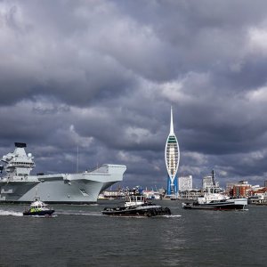 HMS Queen Elizabeth sailing out of Portsmouth