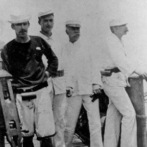 Dewey on the bridge of USS Olympia during the battle