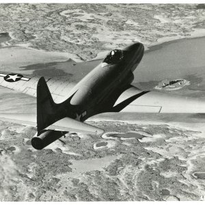 One-half right rear view of the Lockheed XP-80A sn 44-83021 in flight
