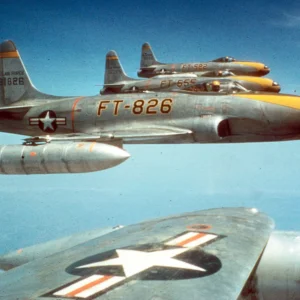 USAF Lockheed F-80C Shooting Star fighter-bombers from the 8th Fighter-Bomber Squadron, 49th Fighter-Bomber Group, during the Korean War, in 1950-51.