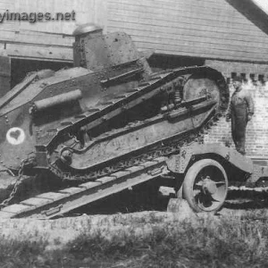 Renault F.T. is being towed from the trailer