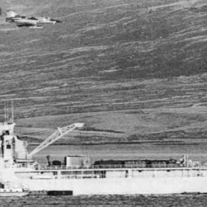 Argentine IAI Dagger above RFA Sir Bedivere