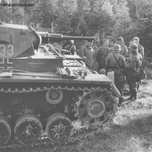 Finnish and German officers talk besides a Pz.Kpfw III