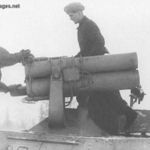 Rocket launcher of Panzerwerfer is being loaded