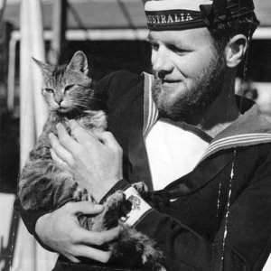 Sailor from HMAS Australia with the ships cat