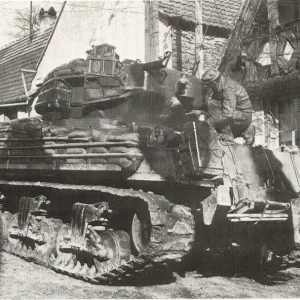 Sherman tank with sandbag armour