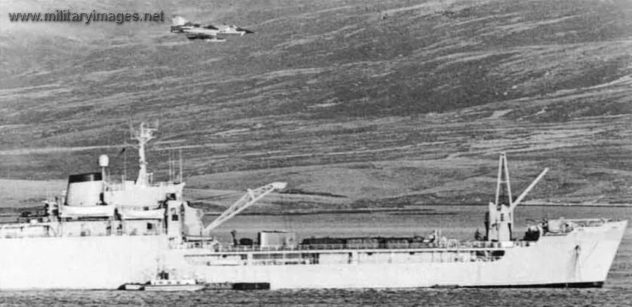 Argentine IAI Dagger above RFA Sir Bedivere