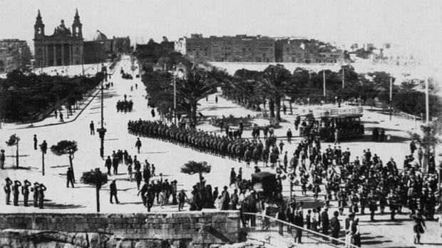 British troops marching into Valletta, Malta. 1916