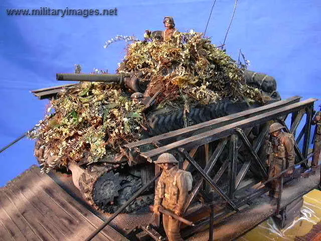 Canadian Sherman on Bailey bridge with Infantry