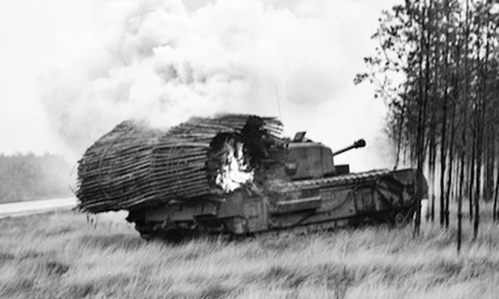 Churchill Tank with Fascine bundles ablaze