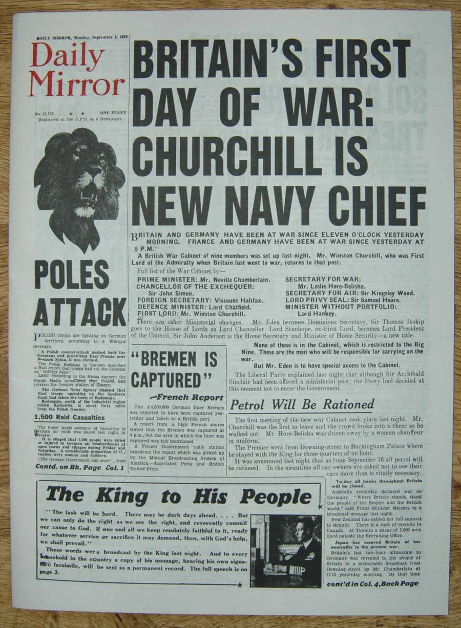 Daily Mirror Front Page 1939