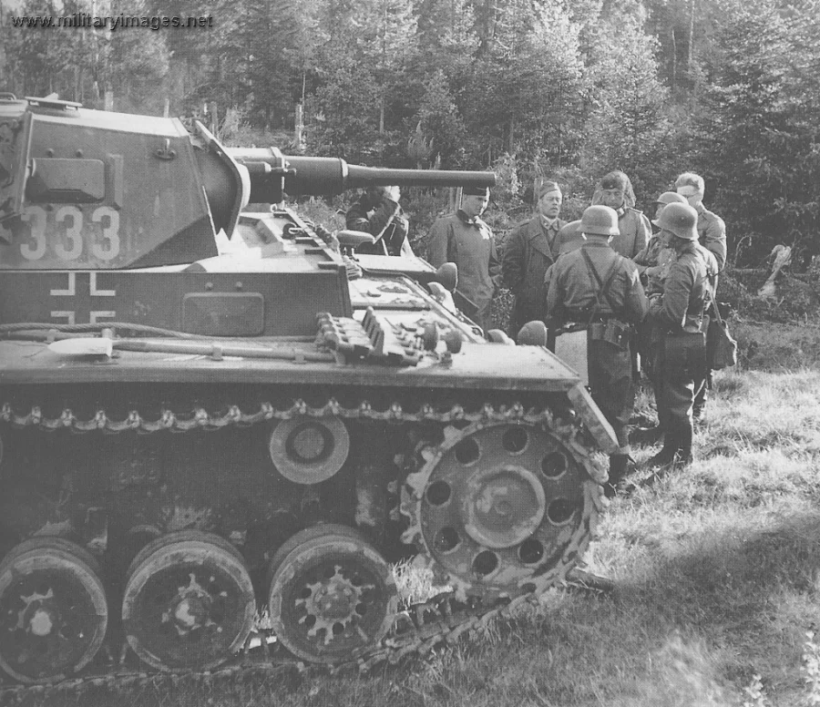 Finnish and German officers talk besides a Pz.Kpfw III