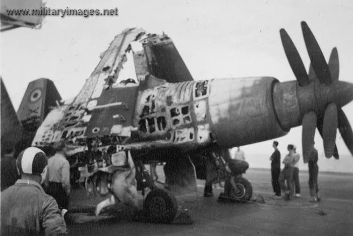 Fire damaged Wyvern on HMS Eagle in 1956