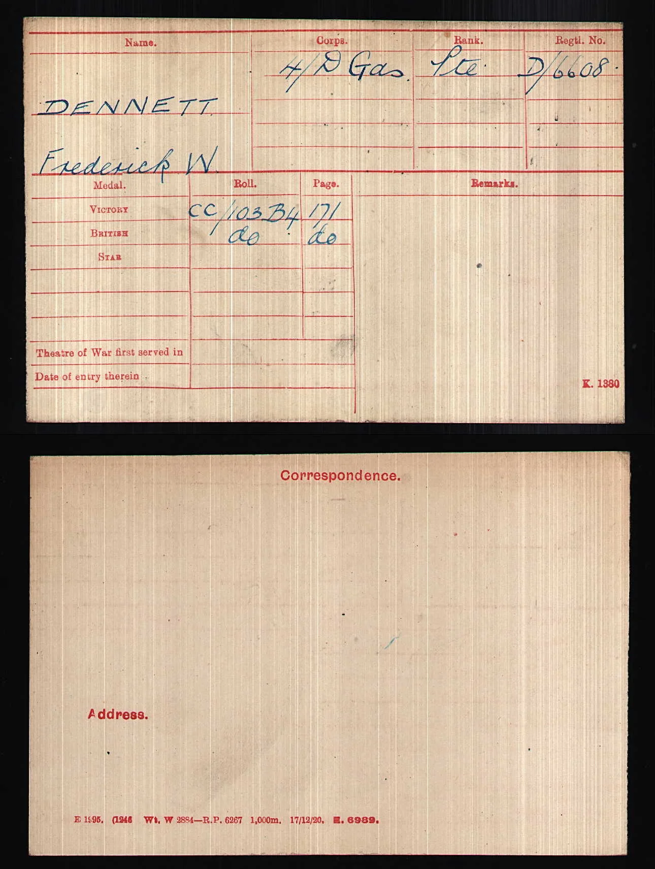 Frederick William DENNETT  Medal Card